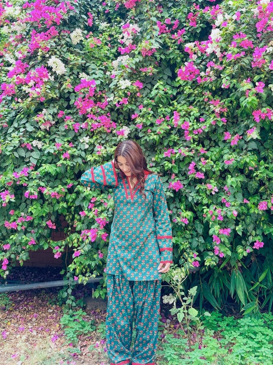 Teal Green Floral Print Suit portrait model neckline lace trim – Kalyanja KU303